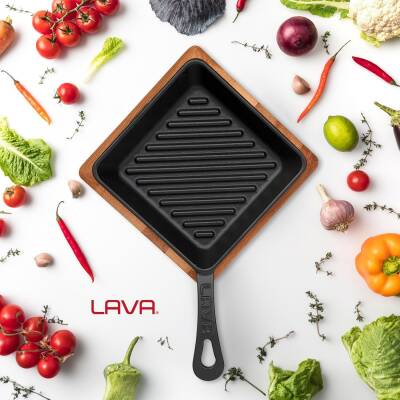 Lava Döküm Mini Kare Izgara Tava Kayın Ahşap Altlıklı Döküm Demir Yekpare Saplı Ölçü 16x16cm - LV ECO P GT 1616 K4 - 1